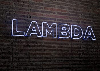 LAMBDA -Realistic Neon Sign on Brick Wall background - 3D rendered royalty free stock image. Can be used for online banner ads and direct mailers.
