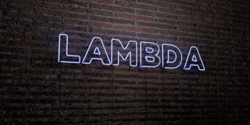 LAMBDA -Realistic Neon Sign on Brick Wall background - 3D rendered royalty free stock image. Can be used for online banner ads and direct mailers.