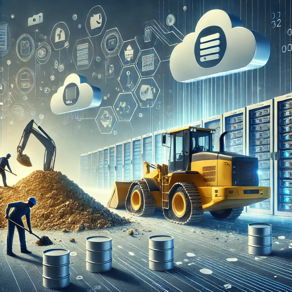 A digital illustration of a split construction site. On the left side, two workers manually dig with shovels, representing traditional, labor-intensive methods. On the right side, a sleek, futuristic backhoe is operated by a person using a high-tech control panel, symbolizing modern, automated AI infrastructure. In the background, abstract elements like server racks and cloud icons blend into the landscape, visually tying enterprise IT and cloud computing themes into the metaphor. The image contrasts outdated tools with advanced technology in a conceptual enterprise setting.