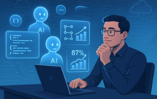 ChatGPT said: A clean, futuristic digital illustration shows a software developer seated at a sleek desk, interacting with multiple glowing holographic AI assistants. The holograms display programming code, a data pipeline diagram, and two rising productivity charts labeled “25%” and “87%.” The developer has a thoughtful, impressed expression, capturing both the promise and complexity of AI coding tools. The background features stylized cloud infrastructure icons, flowing abstract data streams, and smooth gradient lighting, conveying a modern, enterprise tech environment.