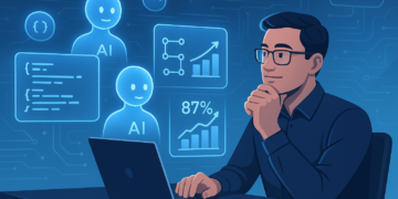 ChatGPT said: A clean, futuristic digital illustration shows a software developer seated at a sleek desk, interacting with multiple glowing holographic AI assistants. The holograms display programming code, a data pipeline diagram, and two rising productivity charts labeled “25%” and “87%.” The developer has a thoughtful, impressed expression, capturing both the promise and complexity of AI coding tools. The background features stylized cloud infrastructure icons, flowing abstract data streams, and smooth gradient lighting, conveying a modern, enterprise tech environment.