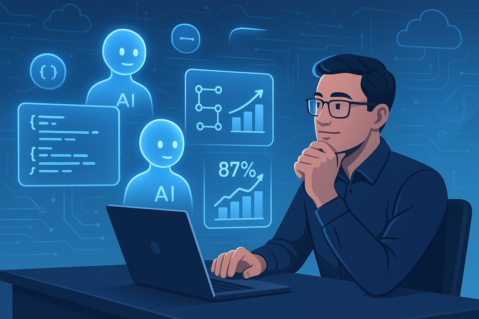 ChatGPT said: A clean, futuristic digital illustration shows a software developer seated at a sleek desk, interacting with multiple glowing holographic AI assistants. The holograms display programming code, a data pipeline diagram, and two rising productivity charts labeled “25%” and “87%.” The developer has a thoughtful, impressed expression, capturing both the promise and complexity of AI coding tools. The background features stylized cloud infrastructure icons, flowing abstract data streams, and smooth gradient lighting, conveying a modern, enterprise tech environment.