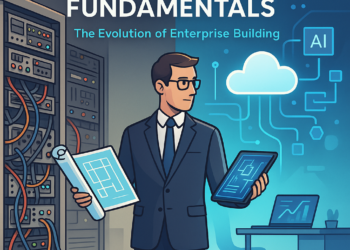 A conceptual digital illustration split into two halves. On the left, an old-fashioned server room with gray metal racks, tangled colorful cables, and blinking lights suggests outdated technology. On the right, a modern digital cloud interface features glowing blue lines, AI icons, and abstract flowcharts in a sleek workspace. In the center, a professional man in a suit stands confidently—holding a rolled blueprint in one hand and a glowing tablet in the other—symbolizing the transition from legacy infrastructure to modern enterprise technology. Bold white text at the top reads: “Redefining the Fundamentals: The Evolution of Enterprise Building.”