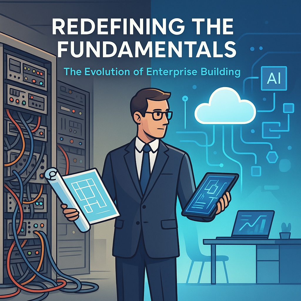A conceptual digital illustration split into two halves. On the left, an old-fashioned server room with gray metal racks, tangled colorful cables, and blinking lights suggests outdated technology. On the right, a modern digital cloud interface features glowing blue lines, AI icons, and abstract flowcharts in a sleek workspace. In the center, a professional man in a suit stands confidently—holding a rolled blueprint in one hand and a glowing tablet in the other—symbolizing the transition from legacy infrastructure to modern enterprise technology. Bold white text at the top reads: “Redefining the Fundamentals: The Evolution of Enterprise Building.”