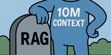 A cartoon-style 2D digital illustration shows a blue humanoid character labeled “10M Context” standing beside a gravestone marked “RAG.” The scene takes place in a bright, grassy cemetery with rolling hills, blue skies, and fluffy clouds. The character appears to be respectfully acknowledging the gravestone, adding a humorous tone to the idea that large context windows are “replacing” retrieval-augmented generation (RAG).