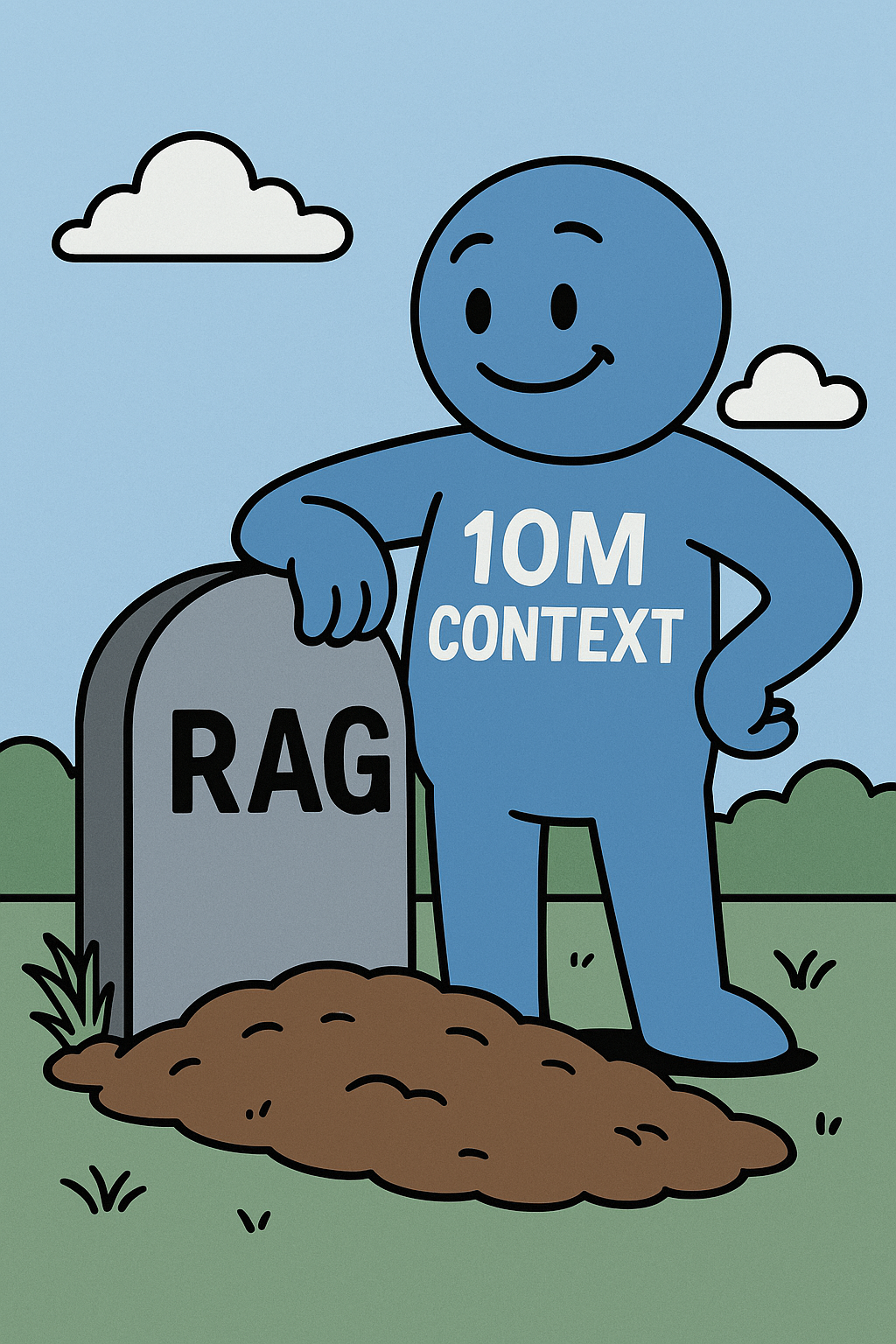 A cartoon-style 2D digital illustration shows a blue humanoid character labeled “10M Context” standing beside a gravestone marked “RAG.” The scene takes place in a bright, grassy cemetery with rolling hills, blue skies, and fluffy clouds. The character appears to be respectfully acknowledging the gravestone, adding a humorous tone to the idea that large context windows are “replacing” retrieval-augmented generation (RAG).