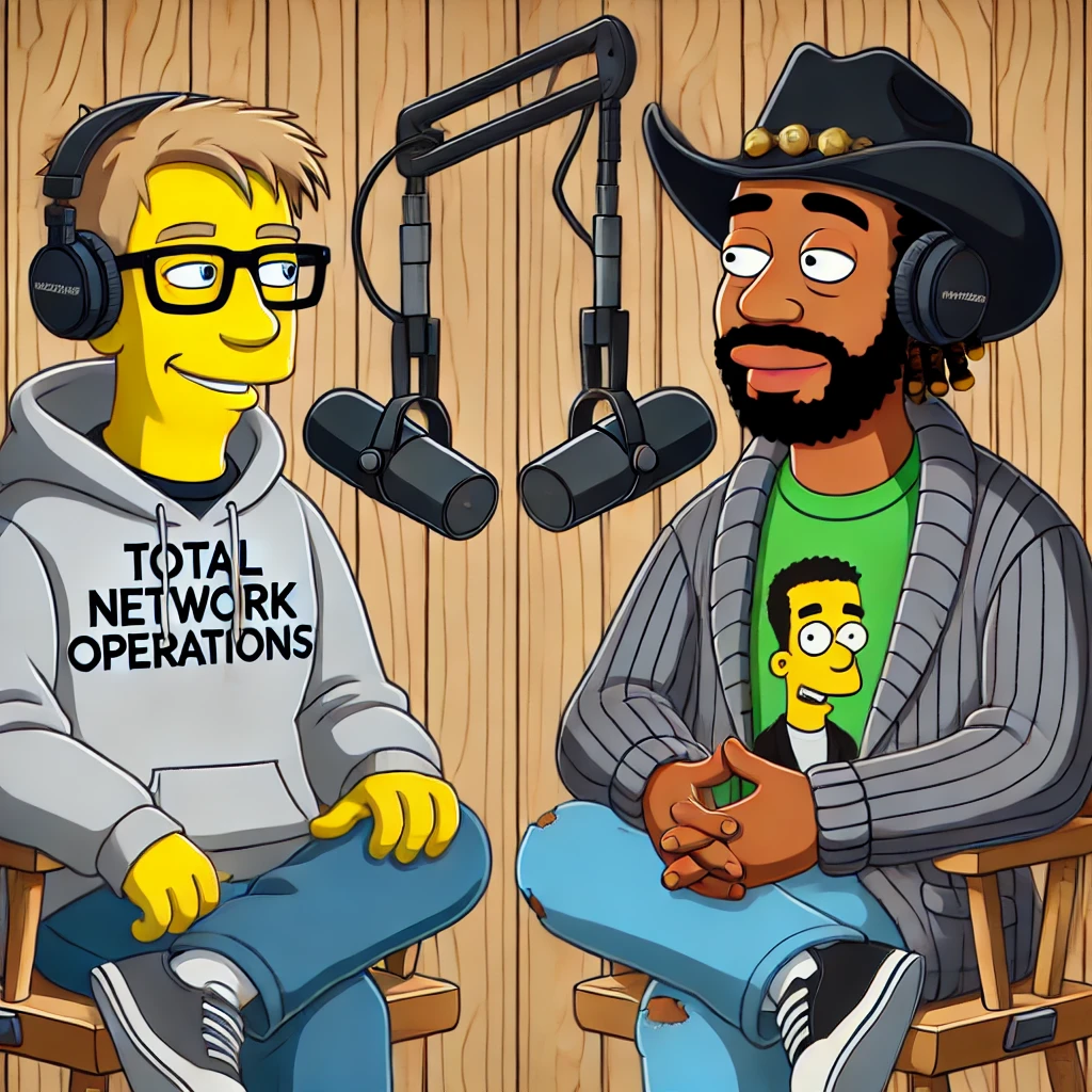 cartoon image in the style of The Simpsons featuring two men sitting in a podcast setting. The man on the left has light skin, wears glasses, a gray hoodie with the words “Total Network Operations,” blue jeans, and sneakers. He has a short beard and is wearing over-ear headphones. The man on the right is African American, with a full beard and wearing a black cowboy hat, gray striped cardigan, a green T-shirt with a cartoon character on it, ripped blue jeans, and sneakers. He also wears over-ear headphones. Both are seated in wooden chairs, speaking into suspended podcast microphones against a wooden panel wall.